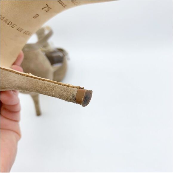 Kate Spade Taupe Suede Peep-to Platform Stiletto‎ Sandals Chain w/Ribbon Sz 7.5 - Picture 7 of 16